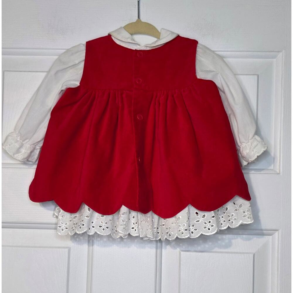 Vintage 80s Baby Togs Embroidered Pinafore Dress 6-9 Months‎ Red Velvet - Picture 3 of 5